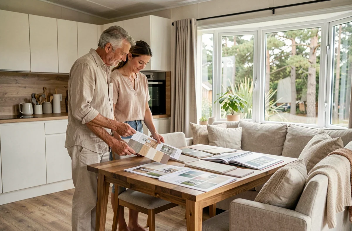 Couple examinant des brochures de constructeurs de mobil-homes dans un intérieur moderne et lumineux