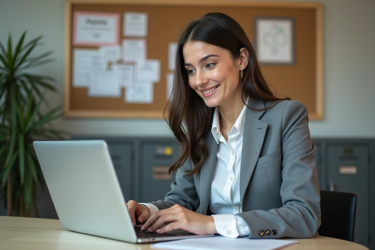 Jeune enseignante souriante tape sur son ordinateur dans le personnel