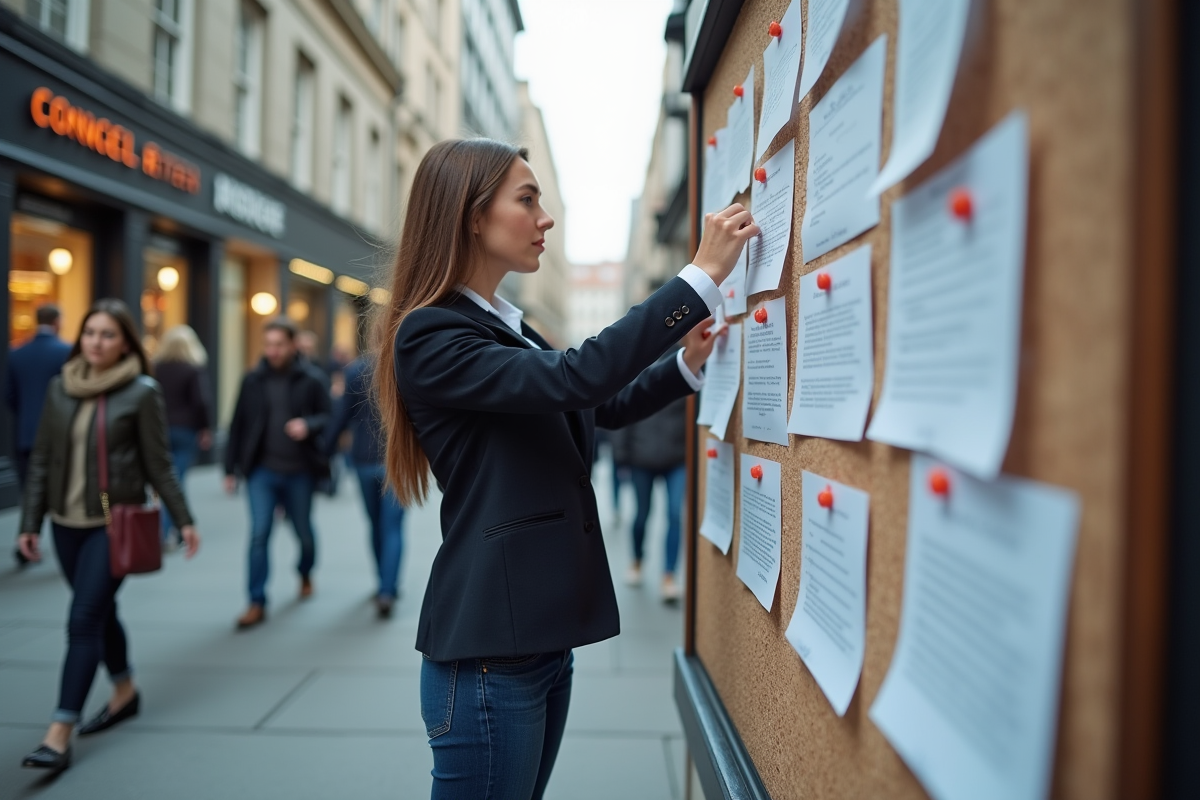 Jeune femme affichant des notes économiques en ville
