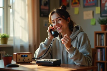 Jeune femme souriante tenant un téléphone vintage en appelant une radio pour une dédicace musicale