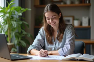 Jeune femme convertissant kilogrammes en tonnes dans un bureau