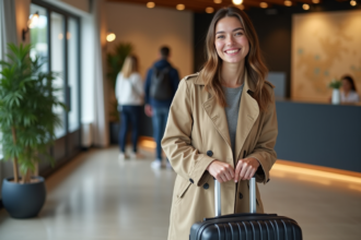 Jeune femme souriante check-in à Lille dans un hôtel