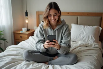 Jeune femme souriante sur son lit avec téléphone dans une chambre cosy