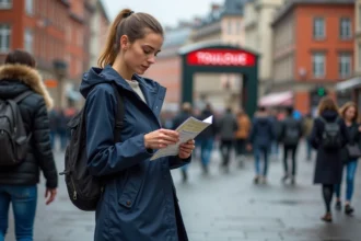 Jeune femme en imper navy devant le métro de Toulouse
