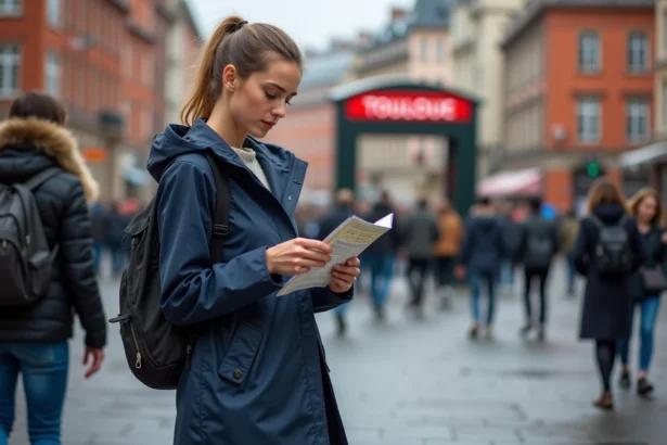 Jeune femme en imper navy devant le métro de Toulouse