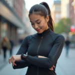 Jeune femme portant veste technologique urbaine