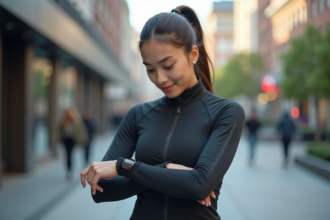 Jeune femme portant veste technologique urbaine