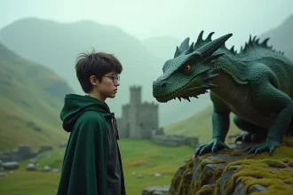 Jeune garçon avec lunettes face à un dragon en Écosse