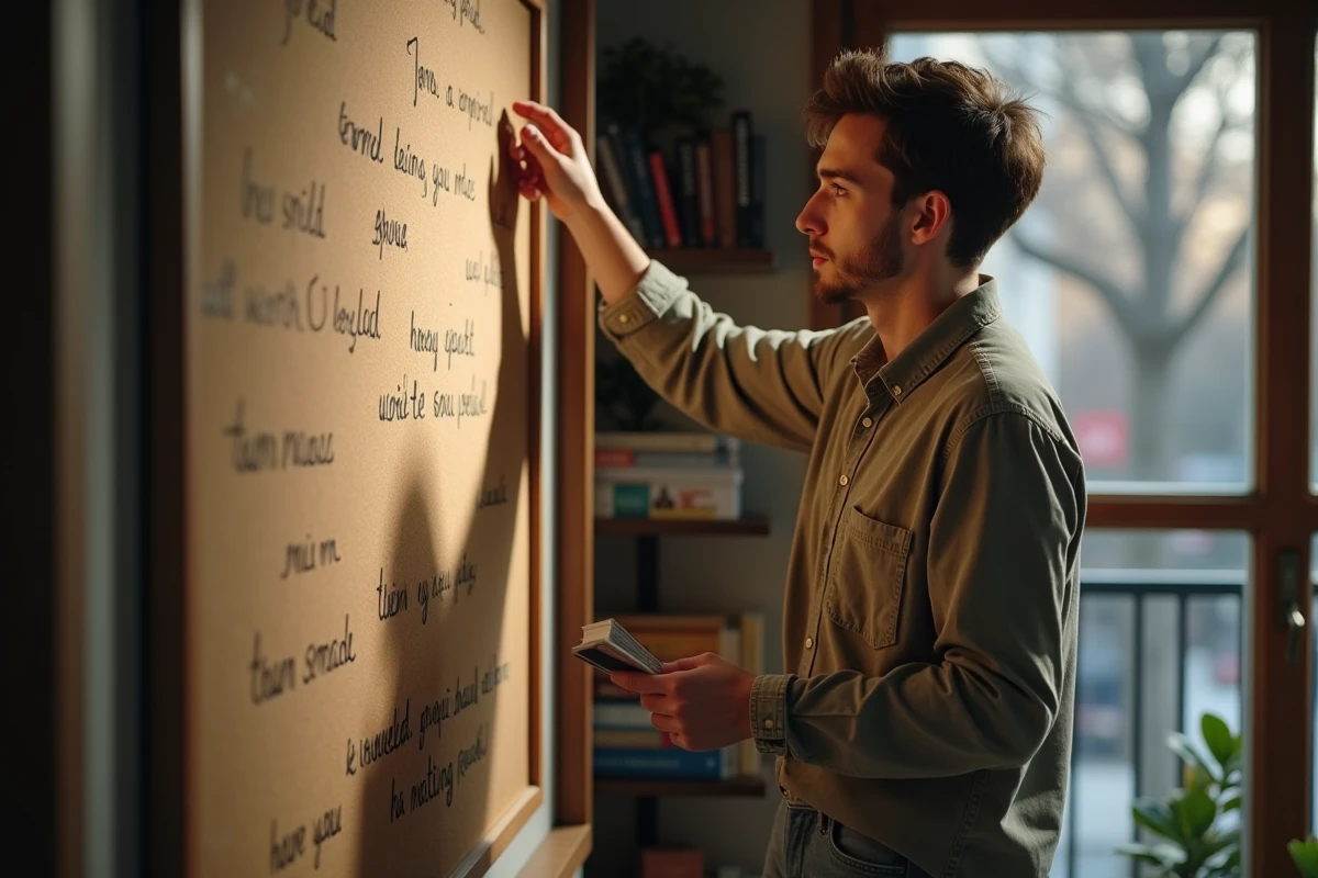 Jeune homme accrochant une citation de paix sur un tableau