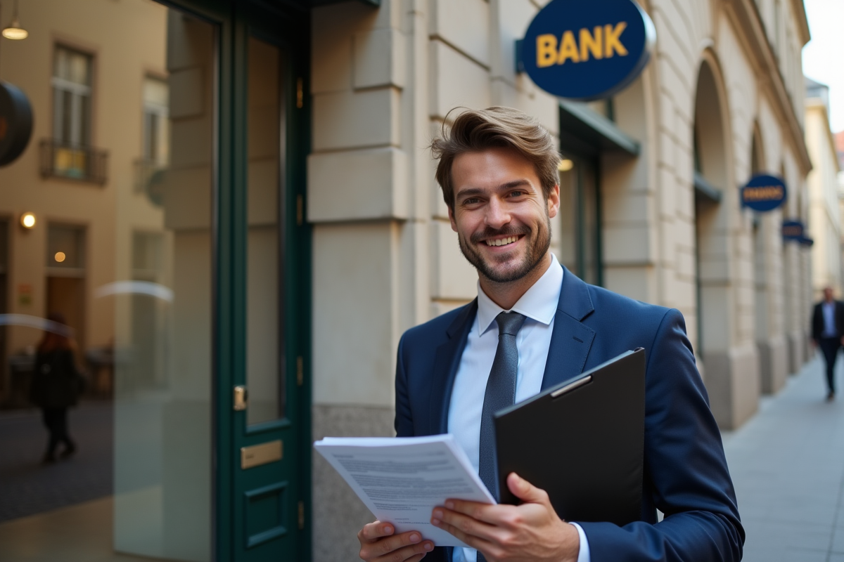Jeune homme professionnel souriant devant une agence bancaire
