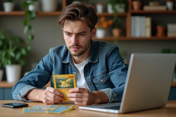 Jeune homme inspectant une carte Pokemon dans sa cuisine