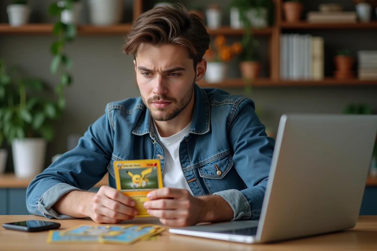 Jeune homme inspectant une carte Pokemon dans sa cuisine