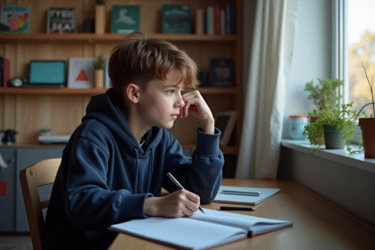 Adolescent pensif dans sa chambre en train d'écrire