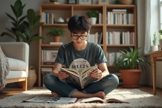 Jeune homme lisant manga dans un salon cosy avec livres et plantes