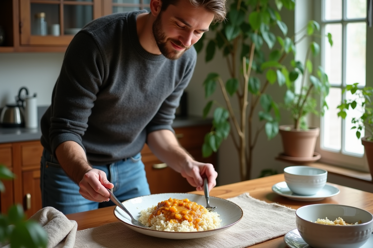 Jeune homme dressant une blanquette de dinde dans une salle moderne