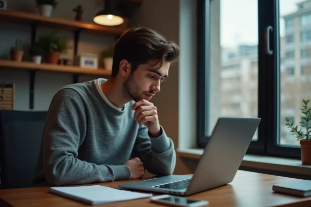 Jeune homme sceptique devant un ordinateur portable