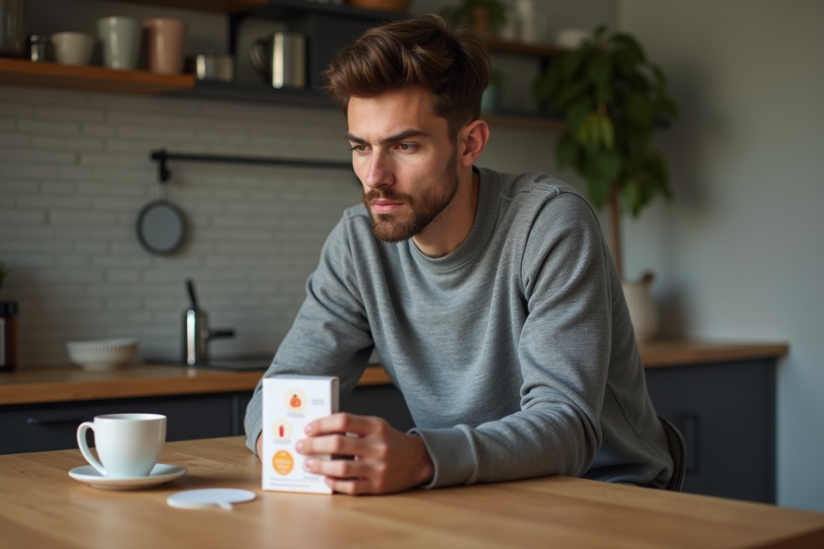 Jeune homme regardant une boîte de homeopathie à la maison