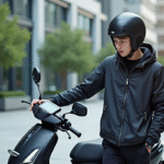 Jeune homme avec casque moderne et scooter connecté en ville