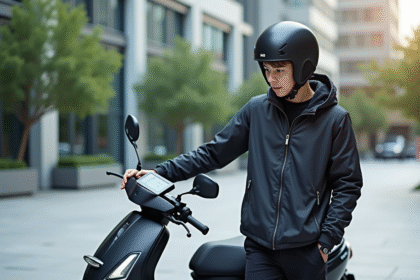 Jeune homme avec casque moderne et scooter connecté en ville
