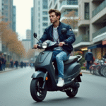 Jeune homme en scooter urbain dans la ville dynamique