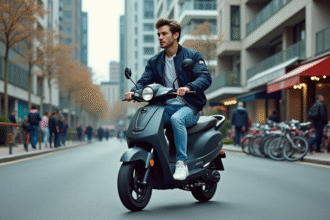 Jeune homme en scooter urbain dans la ville dynamique