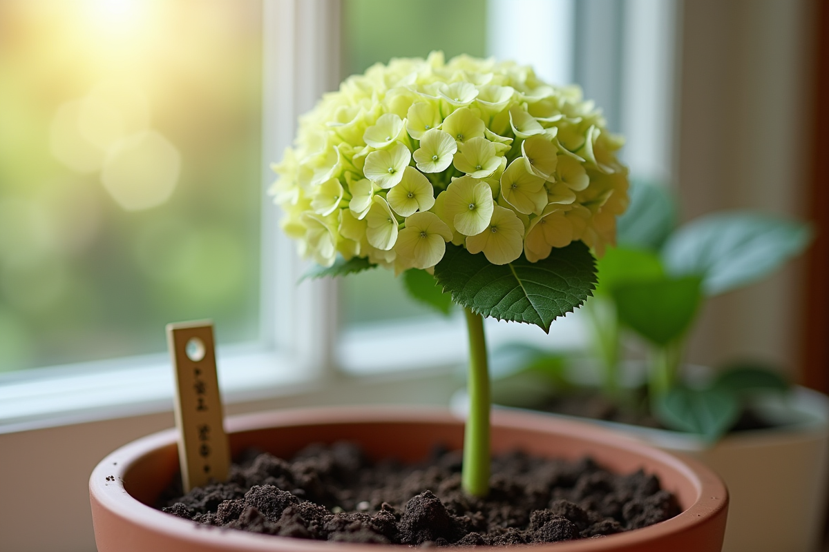 Jeune hydrangea planté dans un pot avec terre humide sur une fenêtre lumineuse