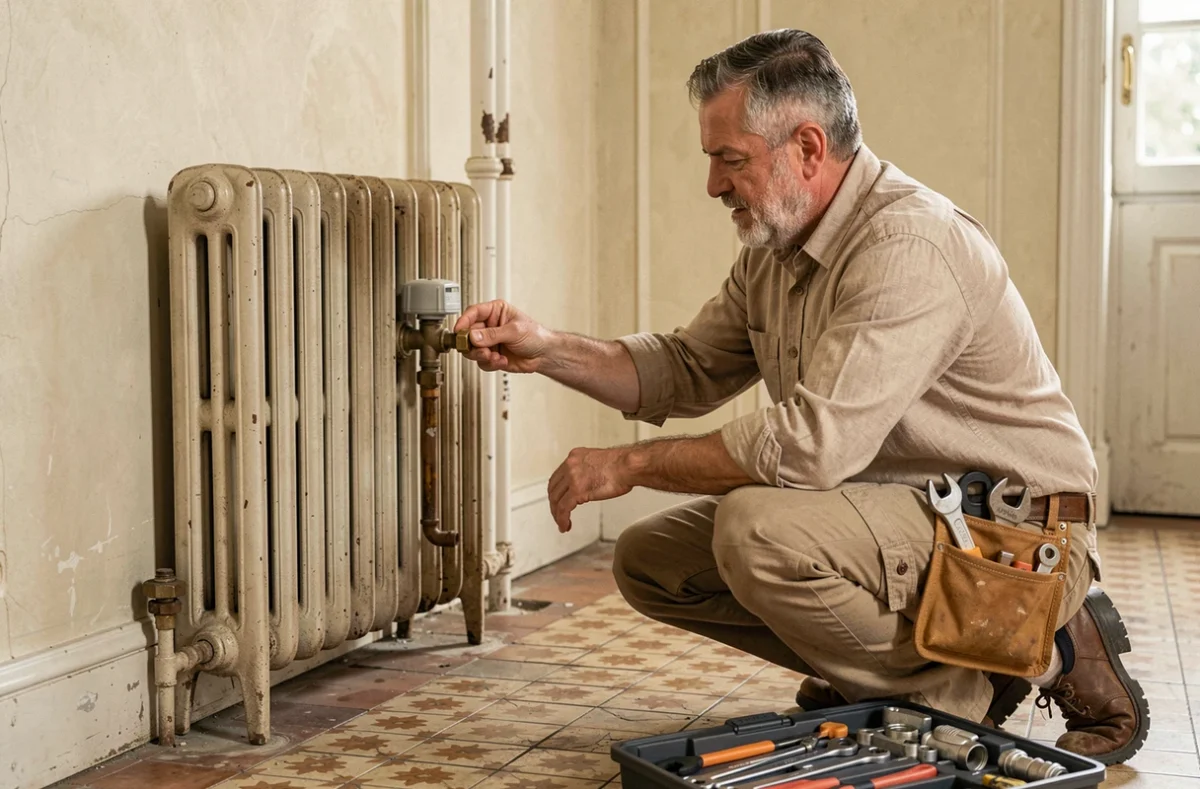 Josseaume Stéphane, chauffagiste indépendant avec une barbe poivre et sel, règle une vanne thermostatique sur un radiateur en fonte dans un appartement français ancien