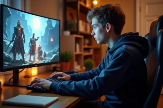 Joueur adulte concentré devant un écran de jeu vidéo fantasy dans un bureau cosy à domicile, ambiance détendue et optimisée pour le gaming