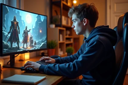 Joueur adulte concentré devant un écran de jeu vidéo fantasy dans un bureau cosy à domicile, ambiance détendue et optimisée pour le gaming