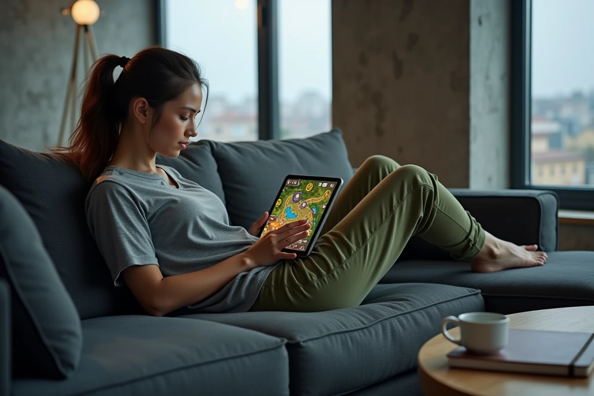 Femme adulte jouant à un jeu de rôle fantasy sur tablette dans un salon moderne, consultant une carte de quête avec une stratégie optimisée