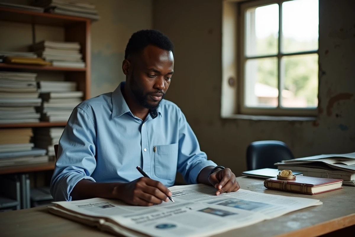 Journaliste congolais vérifiant des exemplaires de presse alternative dans une salle de rédaction à Kinshasa