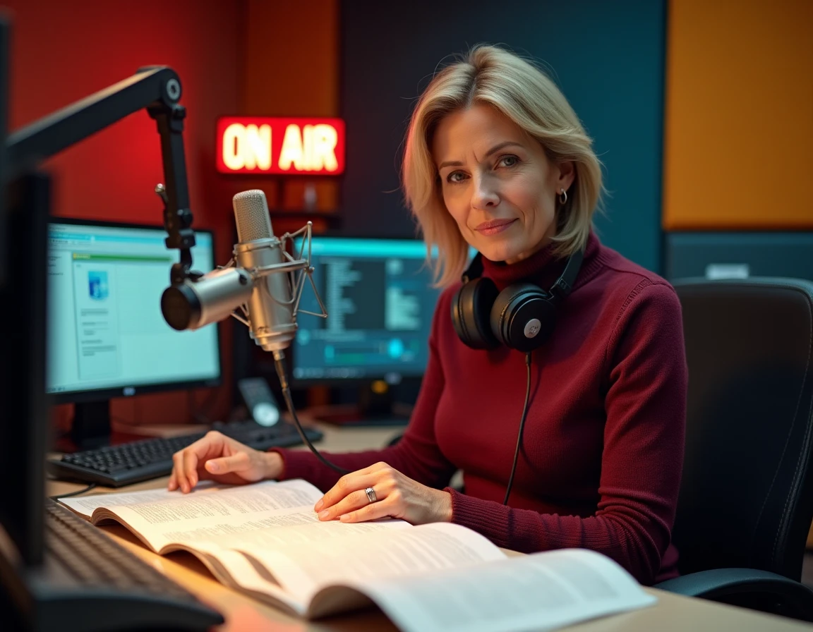 Journaliste radio analysant des transcripts d'interviews dans un studio de diffusion, en lien avec les révélations sur la diplomatie russe