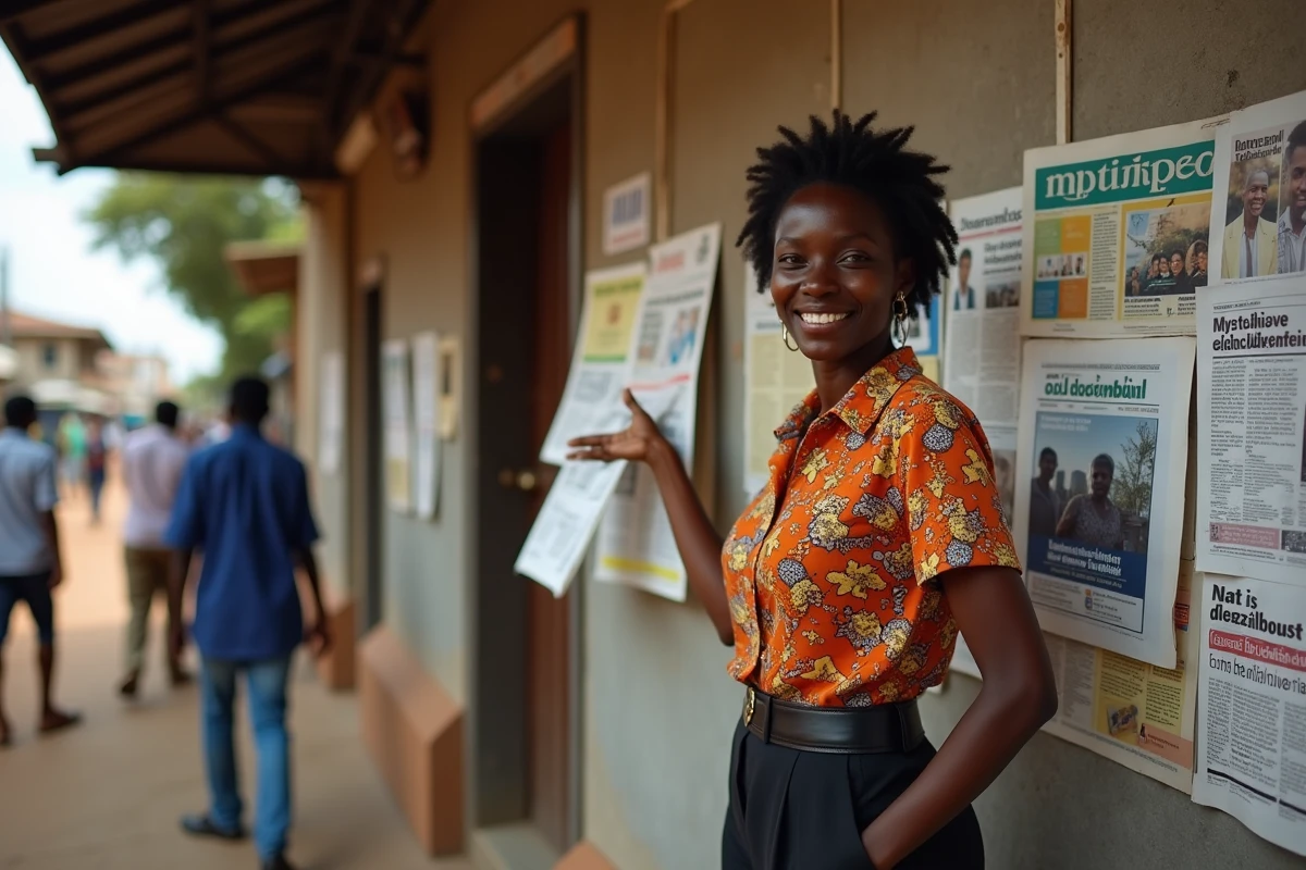 Femme congolaise consultant un journal indépendant à un kiosque de presse de Brazzaville