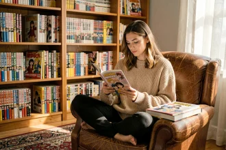Jeune femme lisant un manga dans une bibliothèque personnelle bien garnie, illustrant la lecture rapide et le plaisir des gros lecteurs