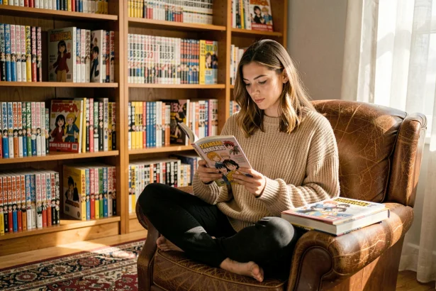 Jeune femme lisant un manga dans une bibliothèque personnelle bien garnie, illustrant la lecture rapide et le plaisir des gros lecteurs