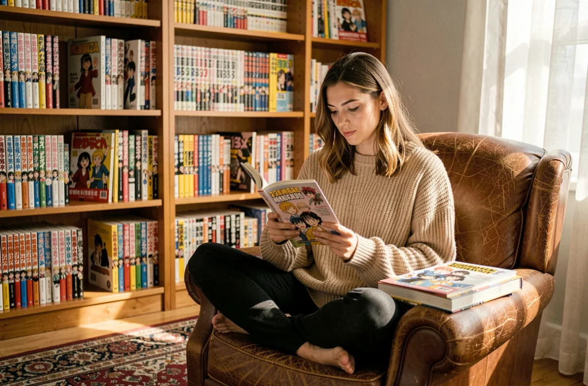 Jeune femme lisant un manga dans une bibliothèque personnelle bien garnie, illustrant la lecture rapide et le plaisir des gros lecteurs