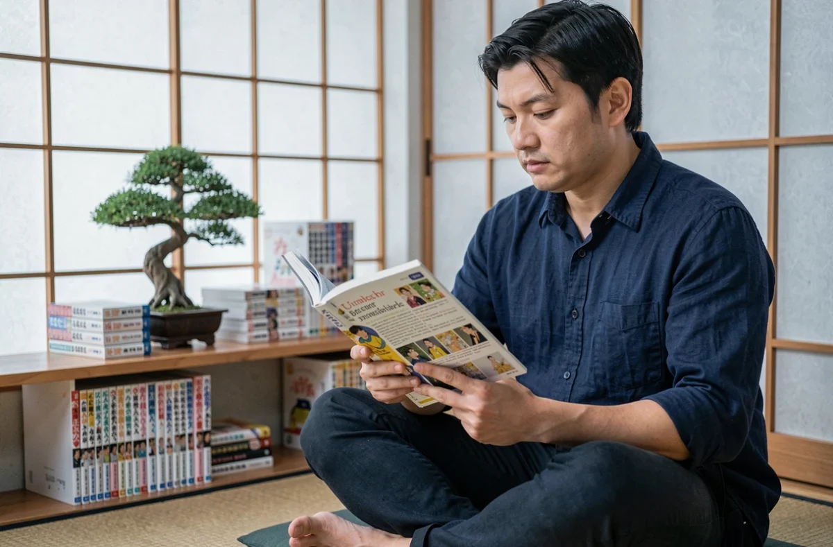 Homme lisant un manga de l'Apothicaire dans un coin lecture japonais avec tablette affichant la liste des chapitres