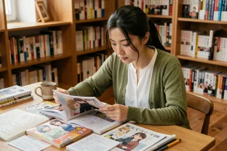 Jeune femme lisant un manga de l'Apothicaire à son bureau entouré de volumes et de notes manuscrites