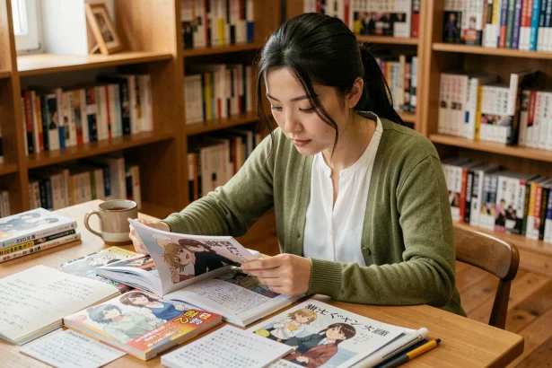 Jeune femme lisant un manga de l'Apothicaire à son bureau entouré de volumes et de notes manuscrites