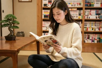 Jeune femme lisant un manga en version française dans un appartement de style japonais, entourée de collections de mangas sur des étagères