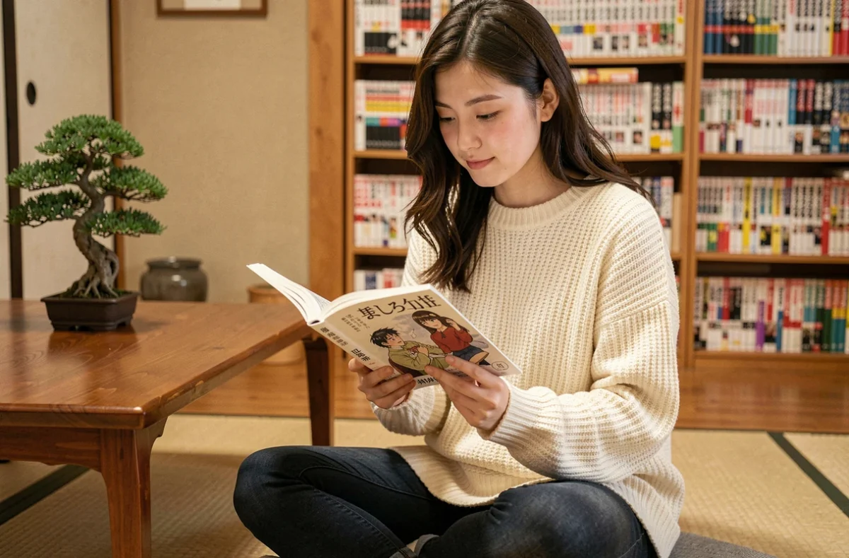 Jeune femme lisant un manga en version française dans un appartement de style japonais, entourée de collections de mangas sur des étagères