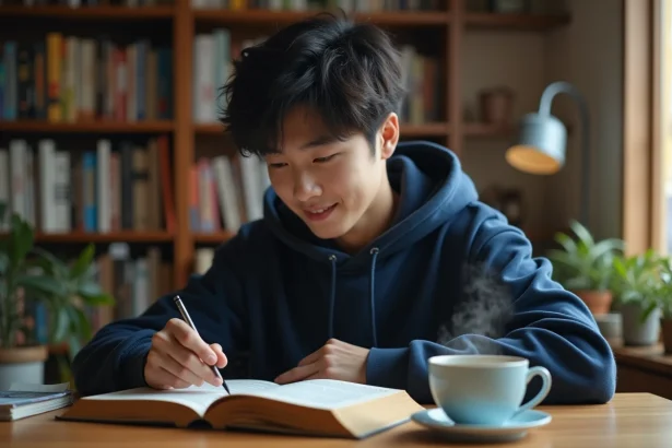 Jeune homme lisant un tome de manga One Piece à son bureau avec une atmosphère cosy