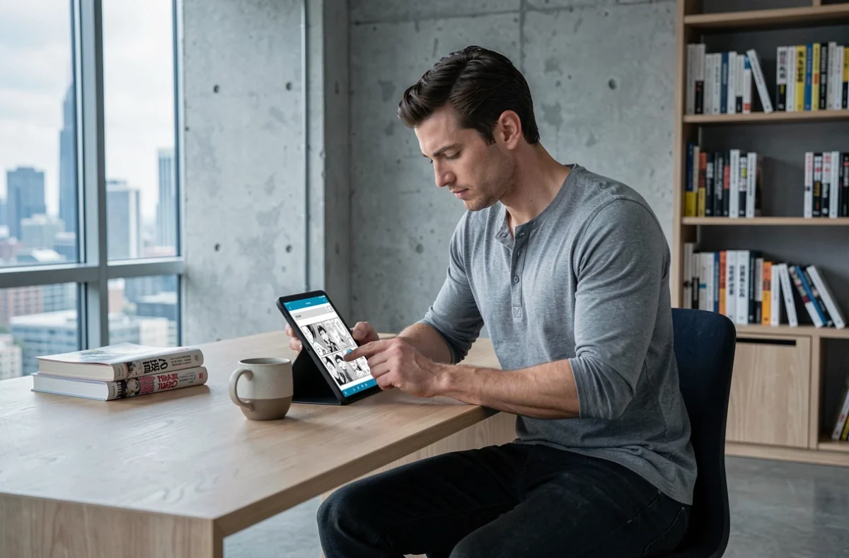 Homme lisant des scans de manga sur tablette numérique dans un appartement moderne, symbolisant la lecture en ligne pour les grands consommateurs de mangas