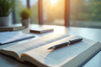 Livre de droit ouvert sur un bureau lumineux