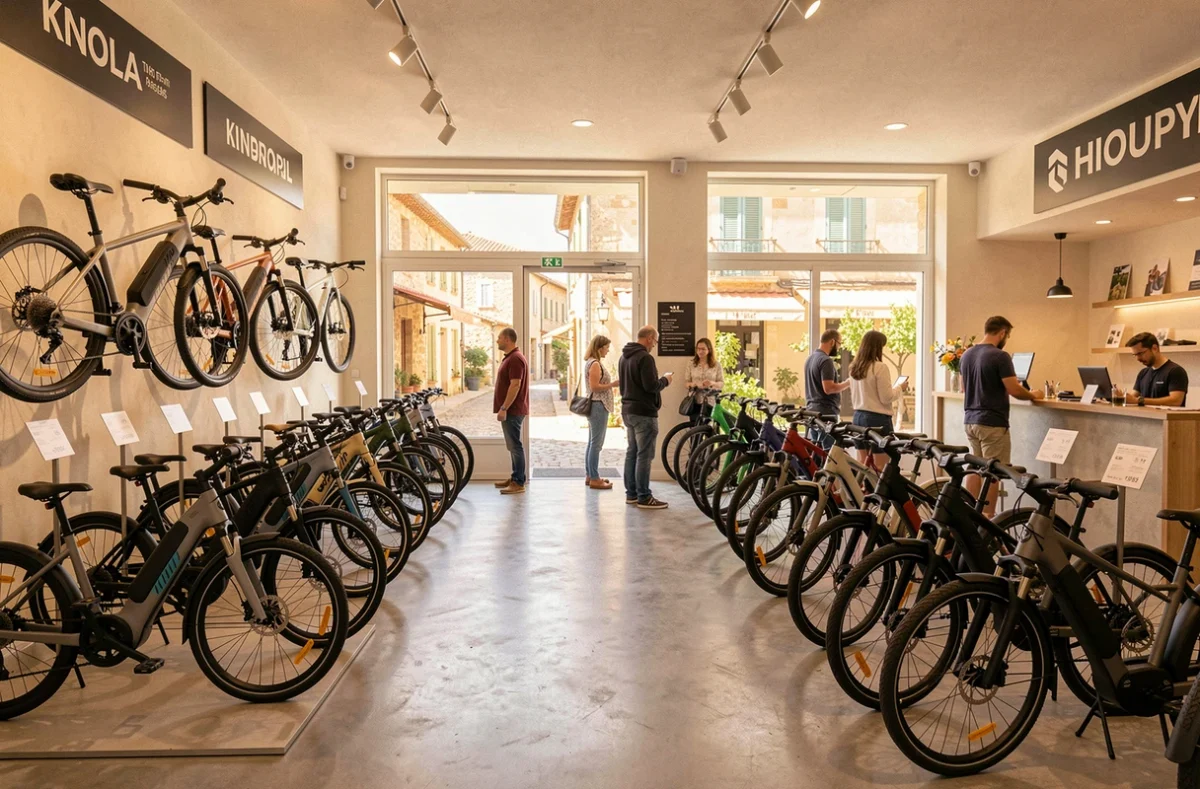 Intérieur d'un magasin de vélos électriques dans les Bouches-du-Rhône avec des clients en train de découvrir les modèles exposés