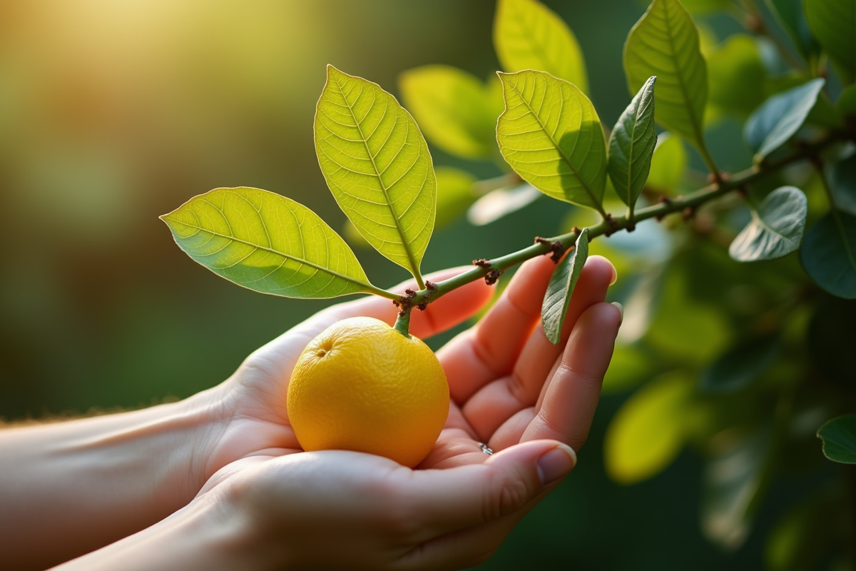 Mains tenant une branche de citronnier avec feuilles jaunes et vertes