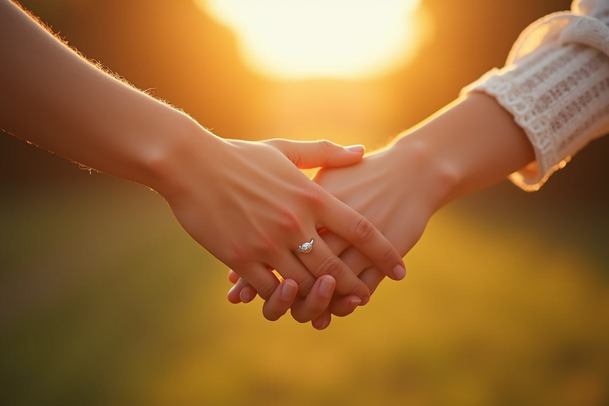 Mains entrelacees avec bagues de mariage sous la lumière