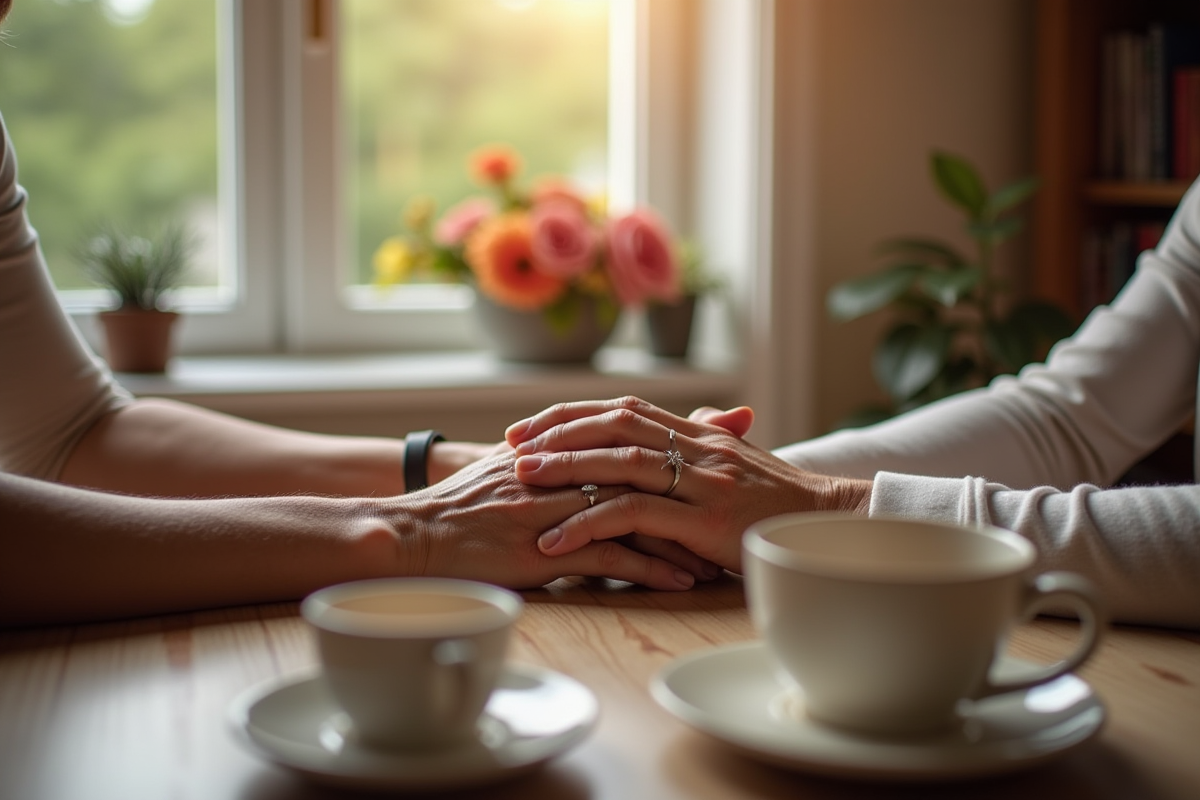 Mains âgées entrelacées avec bagues sur une table chaleureuse