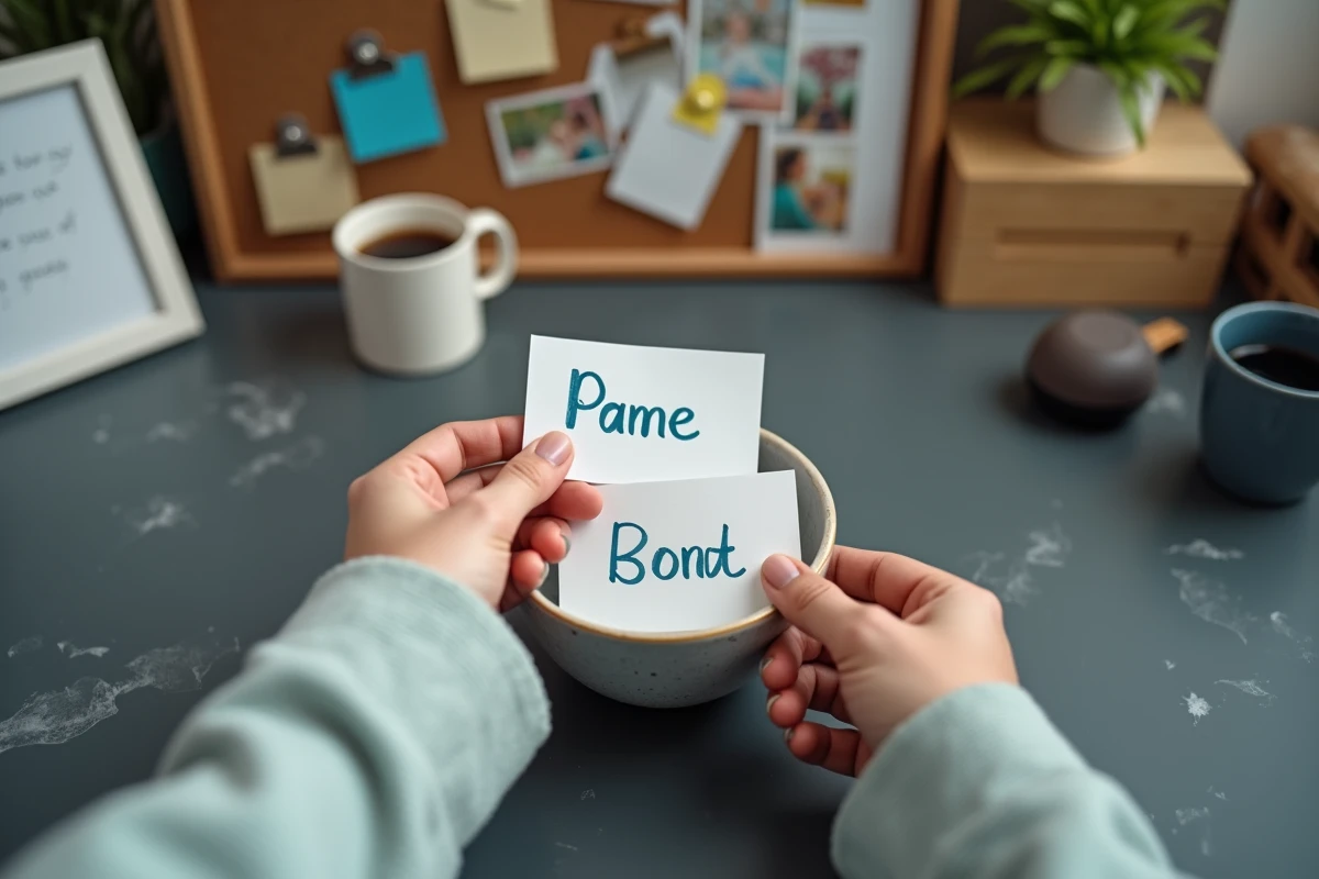 Mains plaçant des noms sur un bol dans un bureau convivial