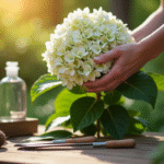 Mains manipulant une hydrangea saine en extérieur avec outils de jardinage